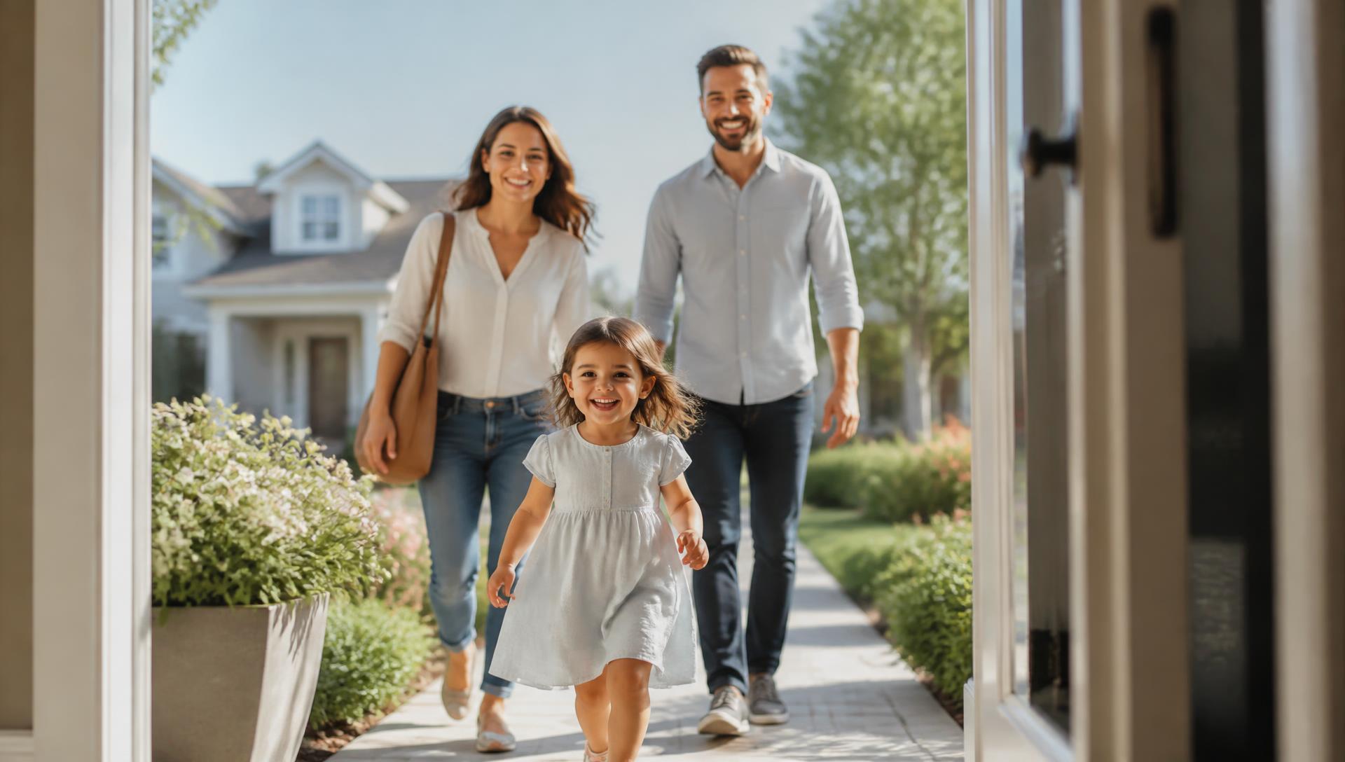 Young family walking up to their new home in the Dallas–Fort Worth area